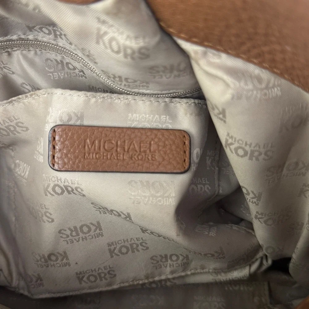 Michael Kors‎ Brown Pebbled Leather Tassel Shoulder Bag Gold MK Charm Hobo